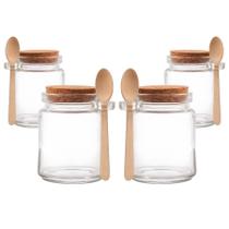 Kit 4 Pote Porta Tempero Redondo Vidro com Colher de Bambu e Tampa Rolha 200ml