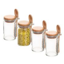 Kit 4 Pote Porta Temperos Condimentos de Vidro Hermético com Tampa e Colher de Bambu 140ml Wolff