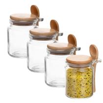 Kit 4 Pote Porta Temperos Condimentos de Vidro Hermético com Tampa e Colher de Bambu 270ml Wolff