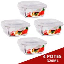 Kit 4 Pote Tampa Hermetica Quadrado de Vidro 320ml Multiuso