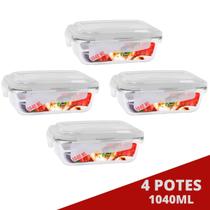 Kit 4 Pote Tampa Hermetica Retangular Vidro 1040ml Multiuso