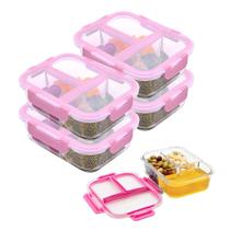 Kit 4 Pote Vidro Hermético 3 Divisórias Tampa Marmita 1040ml