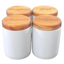 Kit 4 Potes 200ml p/ temperos - condimentos - Potes Porcelana Tampa Madeira Teca Kit 4 Potes 200ml p/ temperos - condimentos - Potes Porcelana Tampa Madeira Teca