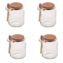Kit 4 Potes de Vidro com Colher de Bambu e Tampa de Rolha 250ml Saleiro Açucareiro