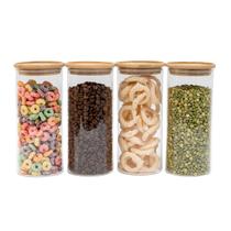 Kit 4 Potes de Vidro Empilhável Hermético Tampa Bambu 800ml Oikos