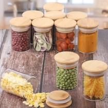 Kit 4 Potes De Vidro hermético 200ml Tampa Bambu Mantimentos
