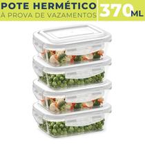 Kit 4 Potes de Vidro Hermético Marmita 4 Travas 370 ml Fitness Mantimentos Tampa Alimentos Microondas Retangular Jogo