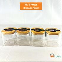 Kit 4 Potes De Vidro Hermético Quadrado Tampa De Bambu 750ml