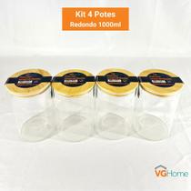 Kit 4 Potes De Vidro Hermético Redondo Tampa De Bambu 1000ml