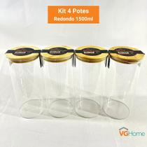 Kit 4 Potes De Vidro Hermético Redondo Tampa De Bambu 1500ml Kit 4 Potes De Vidro Hermético Redondo Tampa De Bambu 1500ml