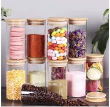 Kit 4 Potes De Vidro hermético Tampa de Bambu Mantimentos