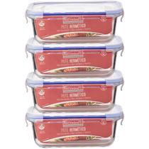 Kit 4 Potes De Vidro Retangular Tampa Hermética 560ML