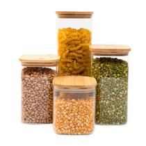 Kit 4 potes de vidro tampa de bambu herméticos quadrados - Tüd