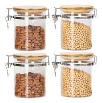 Kit 4 Potes Hermético De Vidro 750ml Tampa Bambu Trava Inox