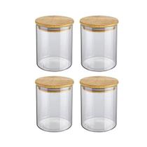 Kit 4 Potes Hermético de Vidro Tampa Bambu p/ Mantimentos Condimentos Alimentos Jogo Organizador