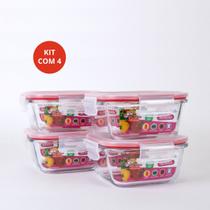 Kit 4 Potes Hermético Quadrado De Vidro 520ml C/ Travas 4 Travas Resistente Marmita Fit Alimentos Frutas Mantimentos