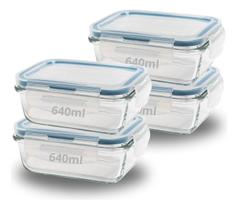 Kit 4 Potes Hermético Vidro Retangular 640ml Marmita 4 Travas Resistente Kit 4 Potes Hermético Vidro Retangular 640ml Marmita 4 Travas Resistente