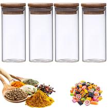 Kit 4 Potes Herméticos Organizadores de Vidro Com Tampa de Bambu Condimentos Massas Macarrão Transparente 1000ml PF08 E1
