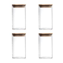 Kit 4 Potes Herméticos Organizadores de Vidro Com Tampa de Bambu Condimentos Temperos Transparente 500ml PF08 C1