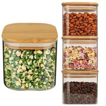 Kit 4 Potes Herméticos Quadrado Vidro Tampa De Bambú 500ML