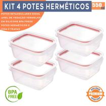 Kit 4 Potes Herméticos Retangulares 550ml com Travas Laterais para Alimentos Geladeira