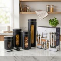 Kit 4 Potes Herméticos Vidro Inox Premium Porta Mantimentos Café, Arroz, Açúcar, Macarrão Vedação Silicone Cozinha Organizada