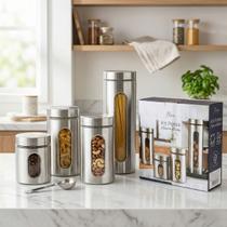 Kit 4 Potes Herméticos Vidro Inox Premium Porta Mantimentos Café, Arroz, Açúcar, Macarrão Vedação Silicone Cozinha Organizada