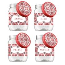 Kit 4 Potes Mantimentos Decorado 1,7LT Lisboa Arroz Feijão Café e Açúcar