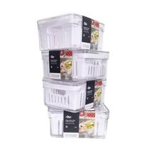 Kit 4 Potes Organizadores De Geladeira Com Cesto Interno Drenagem de Água Clear Fresh 2,2L Alimentos Frutas Saladas Verduras