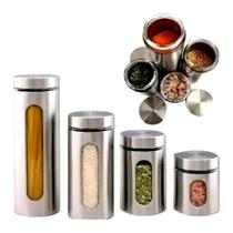 Kit 4 potes porta mantimentos inox jogo hermetico visor vidro condimentos cafe alimentos premium completo Kit 4 potes porta mantimentos inox jogo hermetico visor vidro condimentos cafe alimentos premium completo