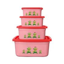 Kit 4 Potes Quadrados Sapinhos Rosa Com Tampa Vermelha