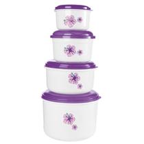 Kit 4 Potes Redondos Branco Com Tampa Roxo Hibiscos 4 Peças Kit 4 Potes Redondos Branco Com Tampa Roxo Hibiscos 4 Peças