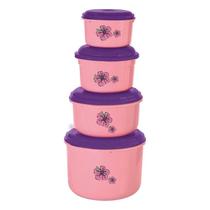 Kit 4 Potes Redondos Para Armazenar Alimentos Hibiscos Rosa