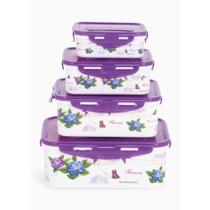 Kit 4 Potes Retangulares Roxo Floral Tampa com Travas Kit 4 Potes Retangulares Roxo Floral Tampa com Travas