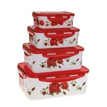 Kit 4 Potes Retangulares Vermelho Floral Tampa com Travas Kit 4 Potes Retangulares Vermelho Floral Tampa com Travas