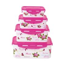 Kit 4 Potes Rosa Floral Retangulares Tampa com Travas Kit 4 Potes Rosa Floral Retangulares Tampa com Travas
