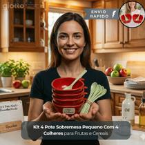Kit 4 Potes Sobremesa Pequena Com 4 Colheres para Frutas em Formato de Maçã Cor Vermelha