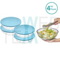 Kit 4 Potes Tigela de Vidro com Tampa Plástica Round 3L Vitazza: Para Servir, Organização de Cozinha e Geladeira, Opção Sustentável