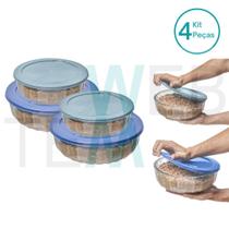 Kit 4 Potes Tigela Saladeira de Vidro com Tampa Plástica Oceani 1,5L e 3,8L Vitazza Para Servir Mesa Posta e Organizar Cozinha Opção Sustentável