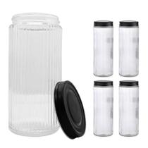 Kit 4 Potes Vidro Canelado 1l Tampa Preta Para Temperos