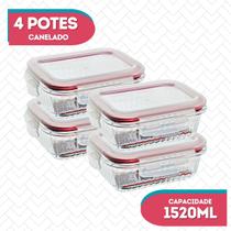 Kit 4 Potes Vidro Hermético Canelado Marmita Fitness 1520ml