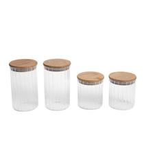 Kit 4 potes vidro herméticos para mantimentos canelado com tampa de bambu - Oikos