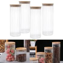 Kit 4 Potes Vidro Mantimento 1100 ML Canelado Tampa de Bambu Kit 4 Potes Vidro Mantimento 1100 ML Canelado Tampa de Bambu