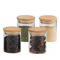 Kit 4 Potes Vidro Tampa Bambu Hermético Temperos 200ml