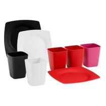 Kit 4 Pratos Refeição Quadrados 4 Copos 400ML Quadrados Plástico