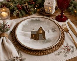 Kit 4 Pratos Sobremesa Natal Casinha marrom Oxford 20 cm Kit 4 Pratos Sobremesa Natal Casinha marrom Oxford 20 cm