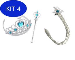 Kit 4 Princesa Frozen Elsa Trança Cabelo Loiro Coroa Varinha - Lynx Produções Artistica