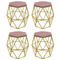 Kit 4 Puff Banqueta Luna Decorativo Sala Quarto Ferro Dourado Assento MDF Rosa - Ahazzo Móveis