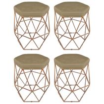 Kit 4 puff decorativos para sala hexagonal aramado base bronze suede nude - cique e decore