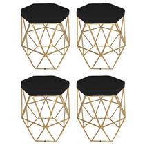 Kit 4 puff decorativos para sala hexagonal aramado base dourada suede preto - clique e decore